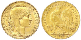 Ausländische Goldmünzen und -medaillen
Frankreich
Dritte Republik, 1871-1940
20 Francs Hahn 1909. 6,45 g. 900/1000. gutes sehr schön. Friedberg 596...