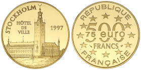 Ausländische Goldmünzen und -medaillen
Frankreich
Fünfte Republik, seit 1958
500 Francs/75 Euro 1997. Rathaus in Stockholm. 17 g. 920/1000. In Kaps...