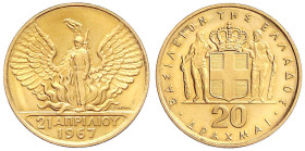 Ausländische Goldmünzen und -medaillen
Griechenland
Konstantin II. 1964-1973
20 Drachmen 1967 (geprägt 1970). 6,45 g. 900/1000. Stempelglanz. Kraus...