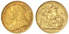 Ausländische Goldmünzen und -medaillen
Grossbritannien
Victoria, 1837-1901
Sovereign 1895, Drachentöter. 7,98 g. 917/1000. sehr schön, kl. Randfehl...
