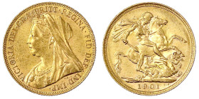 Ausländische Goldmünzen und -medaillen
Grossbritannien
Victoria, 1837-1901
Sovereign 1901, Drachentöter. 7,98 g. 917/1000. gutes sehr schön. Spink....