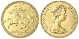 Ausländische Goldmünzen und -medaillen
Insel Man
Elisabeth II., 1952-2022
5 Pounds 1973, Drachentöter. 39,81 g. 917/1000 Stempelglanz, selten. Krau...