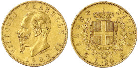 Ausländische Goldmünzen und -medaillen
Italien- Königreich
Vittorio Emanuele II., 1861-1878
20 Lire 1862 BN. 6,45 g. 900/1000 sehr schön. Krause/Mi...