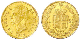 Ausländische Goldmünzen und -medaillen
Italien- Königreich
Umberto I., 1878-1900
20 Lire 1882 R. 6,45 g. 900/1000. vorzüglich/Stempelglanz. Krause/...