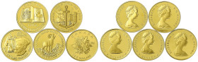 Ausländische Goldmünzen und -medaillen
Kanada
Britisch, seit 1763
5 X 100 Dollars 1982 bis 1986 komplett. Verfassung, Neufundland, Cartier, Rocky M...