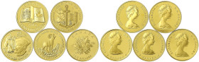 Ausländische Goldmünzen und -medaillen
Kanada
Britisch, seit 1763
5 X 100 Dollars 1982 bis 1986 komplett. Verfassung, Neufundland, Cartier, Rocky M...