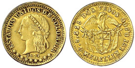 Ausländische Goldmünzen und -medaillen
Kolumbien
Republik, seit 1820
2 Pesos 1871, Medellin. 3,18 g. gutes sehr schön. Krause/Mishler A154.