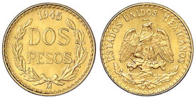 Ausländische Goldmünzen und -medaillen
Mexiko
Republik, seit 1824
2 Pesos 1945. 1,67 g. 900/1000. Stempelglanz. Krause/Mishler 461.