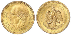 Ausländische Goldmünzen und -medaillen
Mexiko
Republik, seit 1824
2 1/2 Pesos 1945. 2,08 g. 900/1000. vorzüglich/Stempelglanz, kl. Kratzer. Krause/...