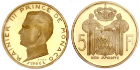 Ausländische Goldmünzen und -medaillen
Monaco
Rainer III., 1949-2005
Probe 5 Franc 1966. Mit Inschrift 'ESSAI' 20,70 g. 920/1000. Auflage nur 500 E...