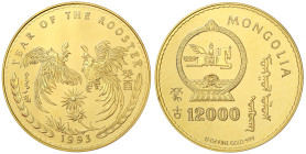 Ausländische Goldmünzen und -medaillen
Mongolei
12.000 Tugrik Jahr des Hahns 12 Unzen Feingoldmünze 1993. Zwei Hähne im Flug. 373,2 g. 999/1000 fein...