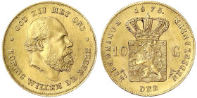 Ausländische Goldmünzen und -medaillen
Niederlande
Willem III., 1849-1890
10 Gulden 1875. 6,72 g. 900/1000. prägefrisch/fast Stempelglanz. Krause/M...
