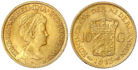 Ausländische Goldmünzen und -medaillen
Niederlande
Wilhelmina, 1890-1948
10 Gulden 1913. 6,73 g. 900/1000. vorzüglich/Stempelglanz. Krause/Mishler ...