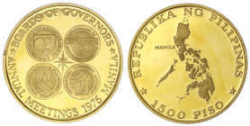 Ausländische Goldmünzen und -medaillen
Philippinen
1500 Piso 1976, I.M.F.-Treffen. 20,55 g. 900/1000. Polierte Platte, kl. Kratzer und Randfehler. S...