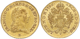 Gold der Habsburger Erblande und Österreichs
Haus Habsburg
Franz II. (ab 1806 als Franz I.), 1792-1835
Dukat 1796 B, Kremnitz. 3,48 g. vorzüglich/S...