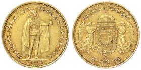 Gold der Habsburger Erblande und Österreichs
Haus Habsburg
Franz Joseph I., 1848-1916
10 Korona 1904 KB. Stehender Herrscher. Für Ungarn. 3,39 g. 9...