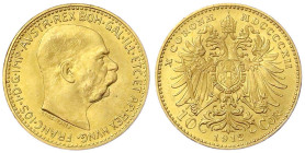 Gold der Habsburger Erblande und Österreichs
Haus Habsburg
Franz Joseph I., 1848-1916
10 Kronen 1912. Offizielle Neuprägung. 3,39 g. 900/1000. präg...
