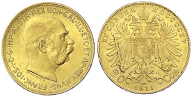 Gold der Habsburger Erblande und Österreichs
Haus Habsburg
Franz Joseph I., 1848-1916
20 Kronen 1915, offizielle NP. 6,78 g. 900/1000. Stempelglanz...