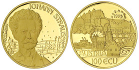 Gold der Habsburger Erblande und Österreichs
Republik Österreich
2. Republik, seit 1945
100 Ecu 1995. Johann Strauss. 8,00 g. 986/1000. Geprägt in ...