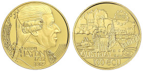 Gold der Habsburger Erblande und Österreichs
Republik Österreich
2. Republik, seit 1945
100 Ecu 1998. Joseph Haydn. 8,00 g. 986/1000. Geprägt in de...