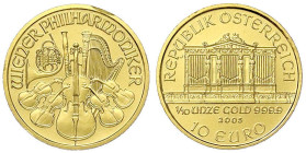 Gold der Habsburger Erblande und Österreichs
Republik Österreich
2. Republik, seit 1945
10 Euro (1/10 Unze Feingold) 2005. Philharmoniker. Stempelg...