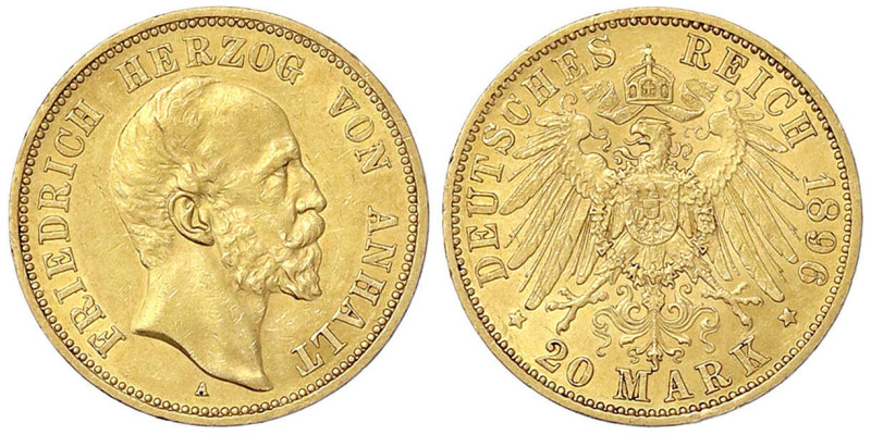 Reichsgoldmünzen
Anhalt
Friedrich I., 1871-1904
20 Mark 1896 A. gutes vorzügl...