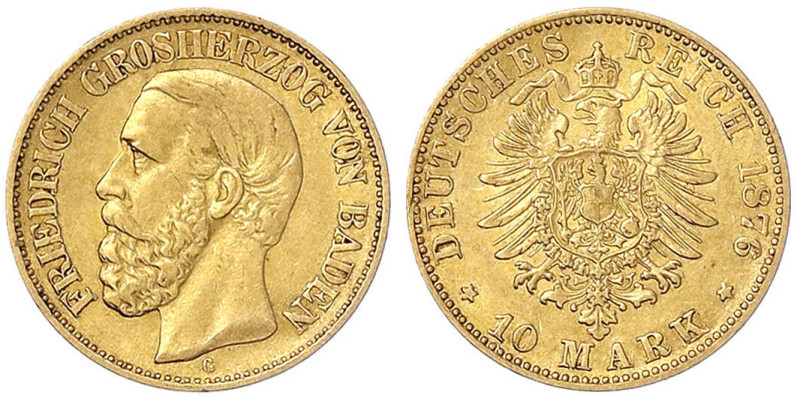 Reichsgoldmünzen
Baden
Friedrich I., 1856-1907
10 Mark 1876 G. sehr schön/vor...