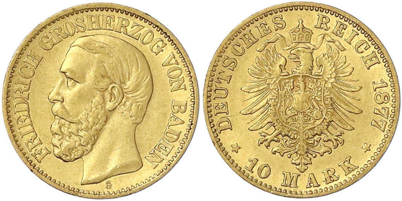 Reichsgoldmünzen
Baden
Friedrich I., 1856-1907
10 Mark 1877 G. vorzüglich. Ja...