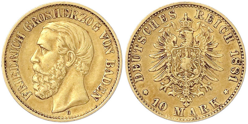Reichsgoldmünzen
Baden
Friedrich I., 1856-1907
10 Mark 1881 G. sehr schön. Ja...