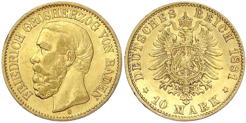 Reichsgoldmünzen
Baden
Friedrich I., 1856-1907
10 Mark 1881 G. sehr schön/vor...