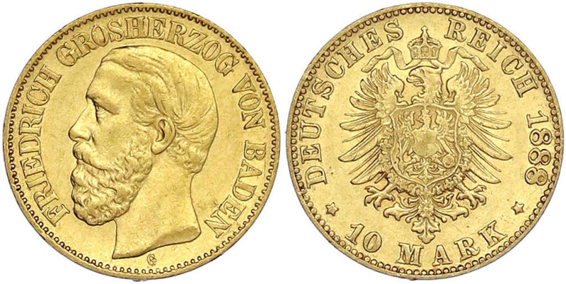 Reichsgoldmünzen
Baden
Friedrich I., 1856-1907
10 Mark 1888 G. vorzüglich. Ja...