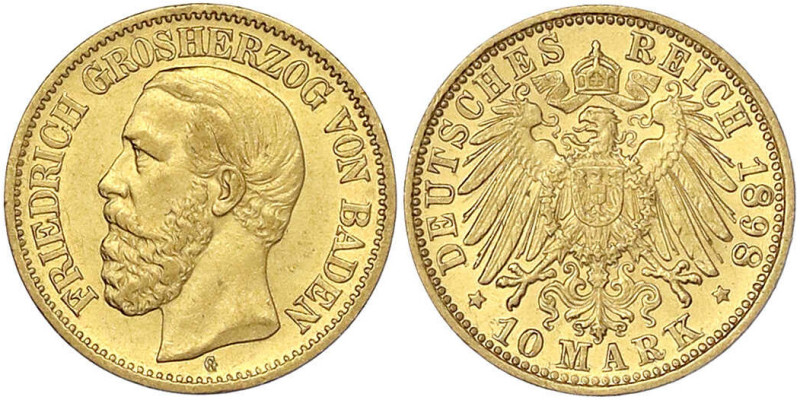 Reichsgoldmünzen
Baden
Friedrich I., 1856-1907
10 Mark 1898 G. gutes vorzügli...