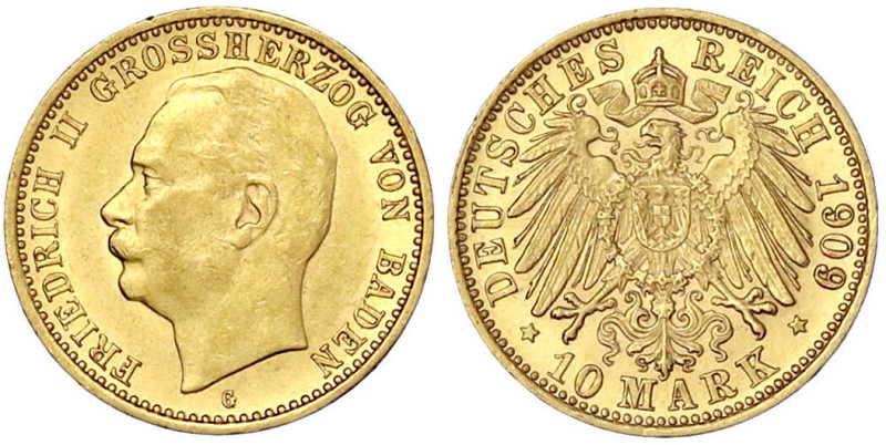 Reichsgoldmünzen
Baden
Friedrich II., 1907-1918
10 Mark 1909 G. vorzüglich. J...