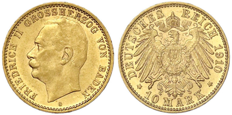 Reichsgoldmünzen
Baden
Friedrich II., 1907-1918
10 Mark 1910 G. gutes vorzügl...