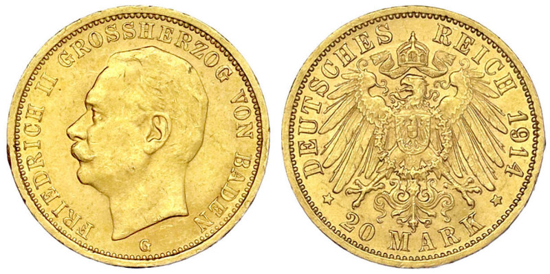 Reichsgoldmünzen
Baden
Friedrich II., 1907-1918
20 Mark 1914 G. vorzüglich/St...
