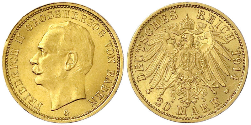 Reichsgoldmünzen
Baden
Friedrich II., 1907-1918
20 Mark 1914 G. vorzüglich/St...