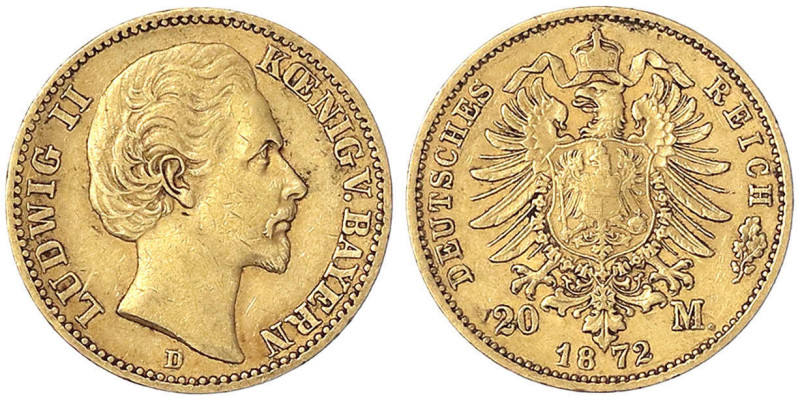 Reichsgoldmünzen
Bayern
Ludwig II., 1864-1886
20 Mark 1872 D. sehr schön. Jae...