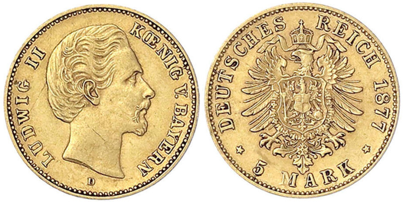 Reichsgoldmünzen
Bayern
Ludwig II., 1864-1886
5 Mark 1877 D. sehr schön. Jaeg...