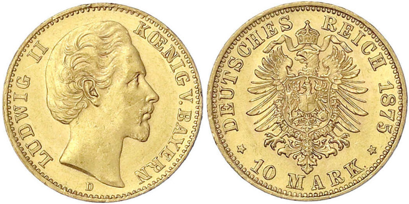 Reichsgoldmünzen
Bayern
Ludwig II., 1864-1886
10 Mark 1875 D. vorzüglich/Stem...