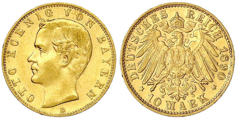 Reichsgoldmünzen
Bayern
Otto, 1886-1913
10 Mark 1890 D. vorzüglich. Jaeger 19...