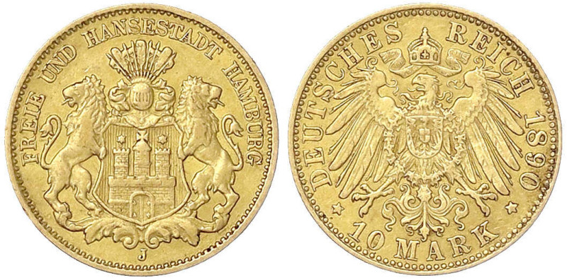 Reichsgoldmünzen
Hamburg
10 Mark 1890 J. sehr schön. Jaeger 210.