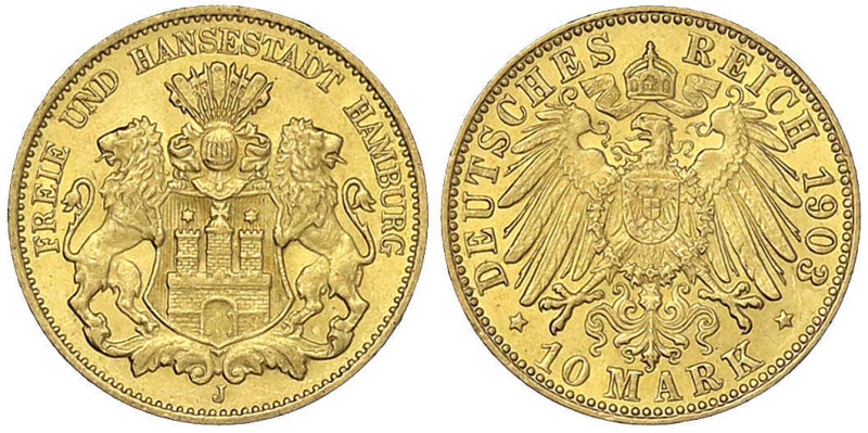 Reichsgoldmünzen
Hamburg
10 Mark 1903 J. vorzüglich/Stempelglanz. Jaeger 211....
