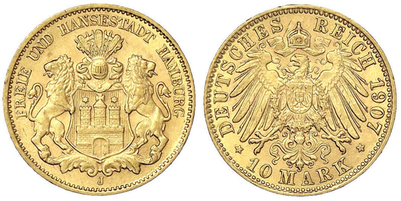 Reichsgoldmünzen
Hamburg
10 Mark 1907 J. fast Stempelglanz. Jaeger 211.