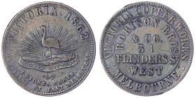 Ausländische Münzen und Medaillen
Australien
Victoria, 1837-1901
Penny Token 1862. Victoria Copper Works Melbourne, Robison Bros. & Co. sehr schön....