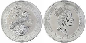 Ausländische Münzen und Medaillen
Australien
Elisabeth II., 1952-2022
30 Dollars 1 Kilo Silbermünze Kookaburra 1992. Jägerlist auf Baumstumpf. Kaps...