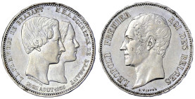 Ausländische Münzen und Medaillen
Belgien
Leopold I., 1830-1865
(5 Francs) Hochzeit in Silber 1853. gutes vorzüglich, aus Erstabschlag, Randfehler....