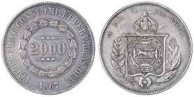 Ausländische Münzen und Medaillen
Brasilien
Pedro II., 1831-1889
2000 Reis 1867. Besseres Jahr. sehr schön, Kratzer, Randfehler. Schön 160. Krause/...