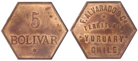 Ausländische Münzen und Medaillen
Chile
Republik, seit 1818
Sechseckige Kupfermarke zu 5 Bolivar o.J. F. Alvarado & Ca. Territorio Yuruary. 34 mm. ...