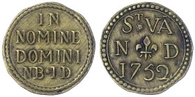 Ausländische Münzen und Medaillen
Dänemark
Frederik V., 1746-1766
Messingmarke 1752. St. VAND. Lilie/IN NOMINE DOMINI NB ID. 21,6 mm. sehr schön/vo...