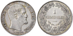 Ausländische Münzen und Medaillen
Dänemark
Frederik VII., 1848-1863
Rigsdaler 1854 FK/VS. gutes vorzüglich. Hede 8A. Sieg 13.1.